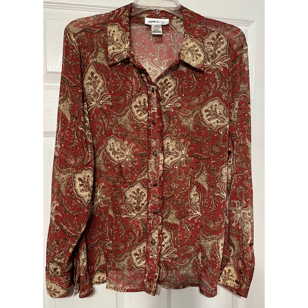 Jones & Co Women's Red Paisley Print Long Sleeve‎ Button Down Blouse 16W